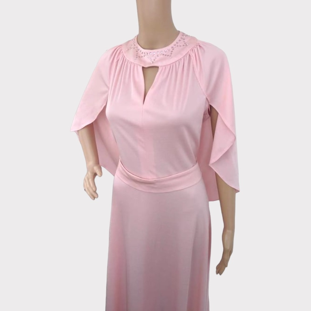 70s Cape Dress Pink Formal Maxi Vintage S M